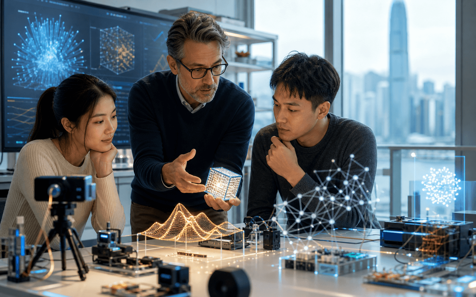 An educator and two adult learners examine an artificial intelligence learning apparatus in a bright laboratory