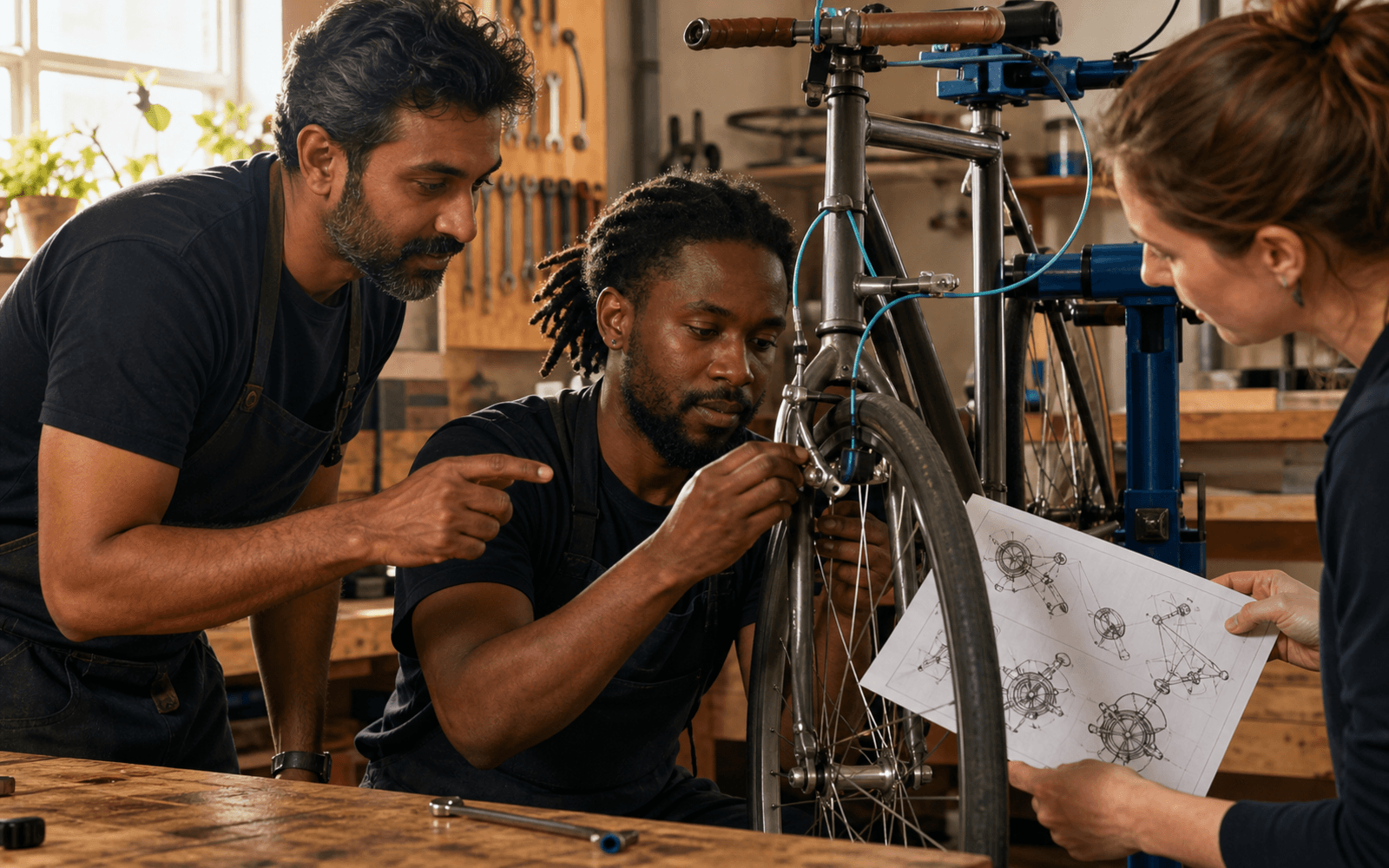 A South Asian mentor coaches a Black adult apprentice adjusting a bicycle brake while a White peer checks a mechanical diagram
