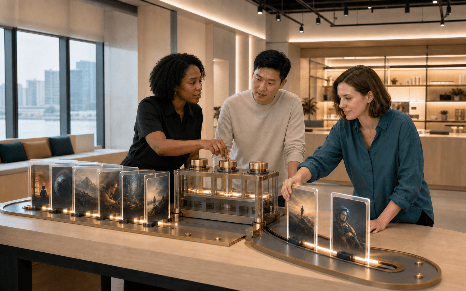 A Black woman turns a brass selector beside an East Asian man and White woman moving illuminated image panels through a recommendation apparatus