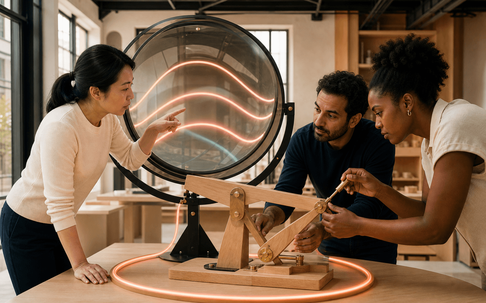 An East Asian woman points to coral light bands while a Middle Eastern man steadies a wooden mechanism and a Black woman adjusts its brass joint