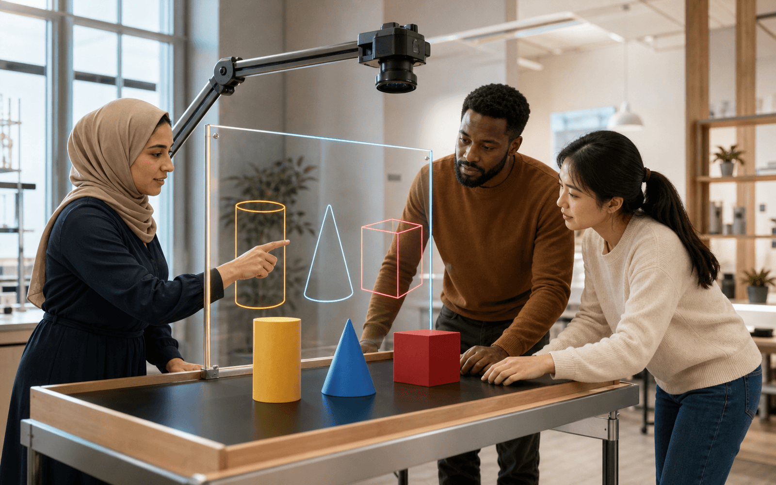 A Middle Eastern woman points to illuminated outlines of three solid shapes beneath an overhead camera while a Black man and East Asian woman compare the physical objects