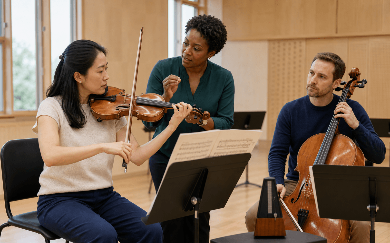 A Black woman coaches an East Asian violinist on hand position while a White cellist listens beside music stands and a metronome in a bright rehearsal room