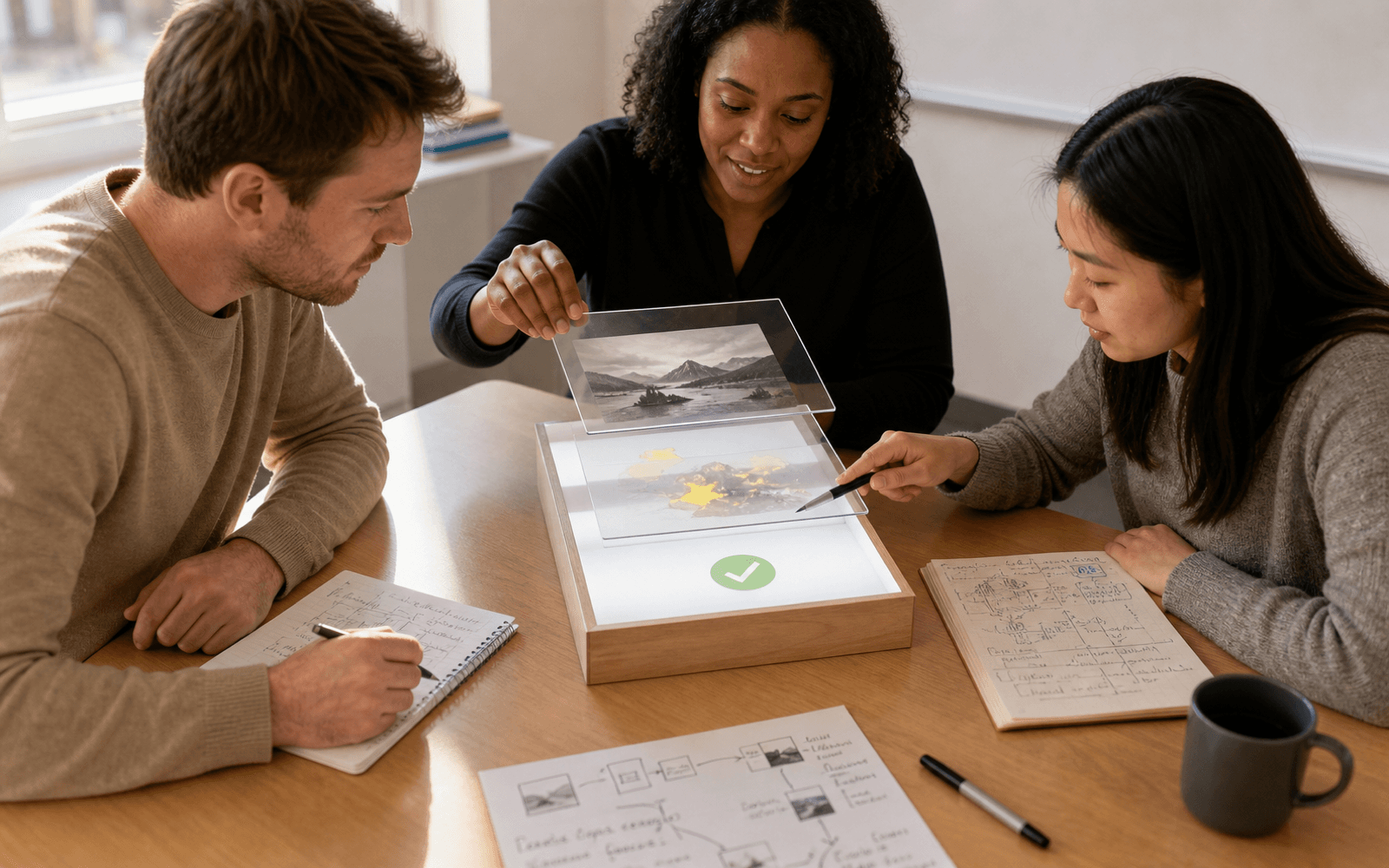 A Black woman teacher guides a White man and East Asian woman as they trace sparse layers from evidence through highlighted features to an AI outcome