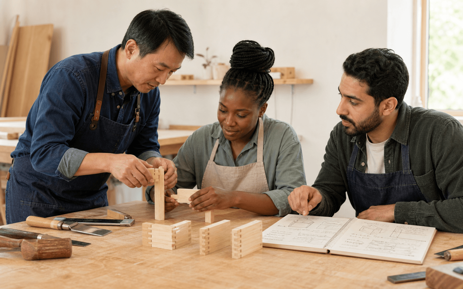 An East Asian man teacher demonstrates a wooden joint while a Black woman learner holds a matching piece and a Middle Eastern man learner points to joint sketches in an open notebook