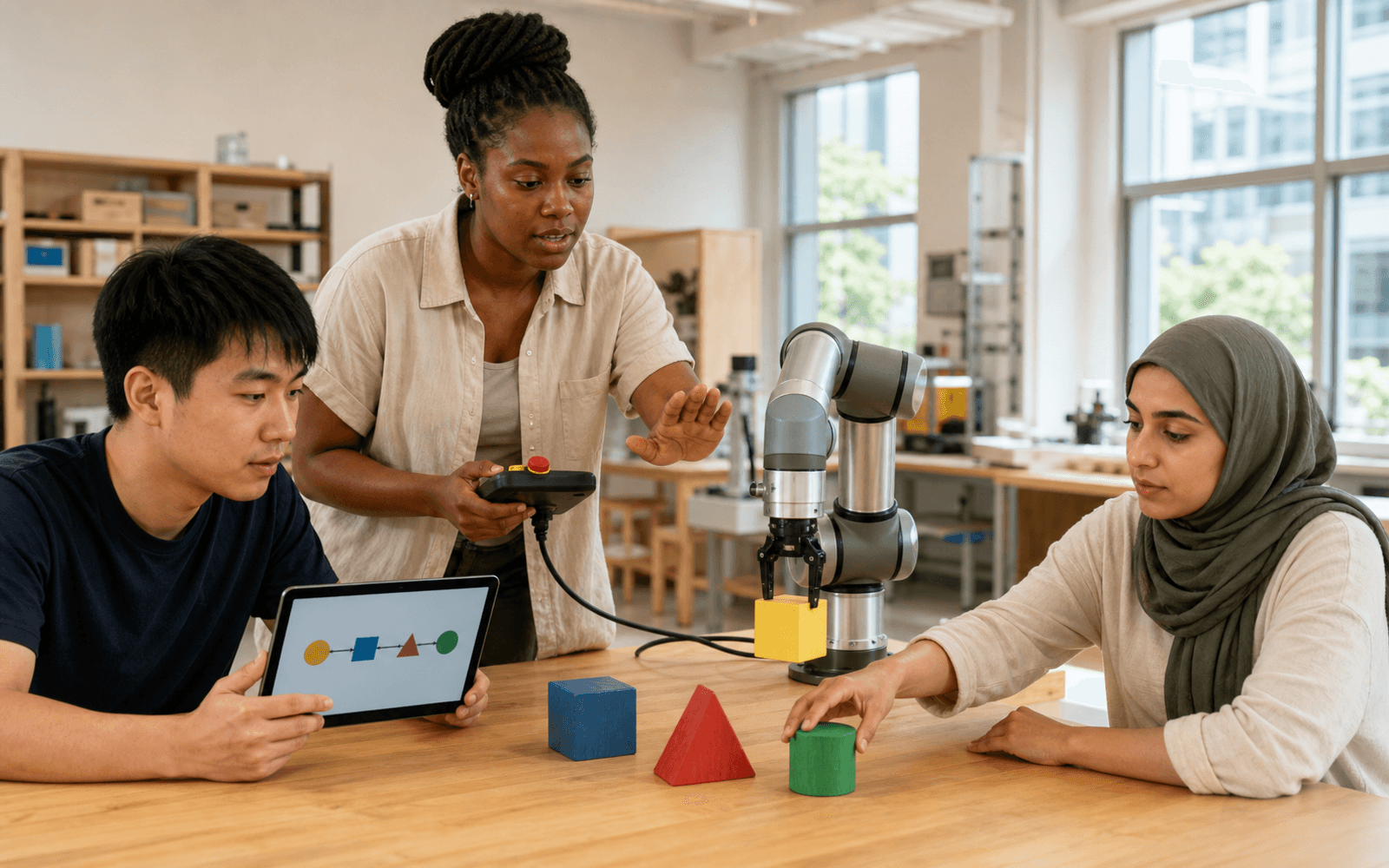 A Black woman educator pauses a tabletop robotic arm with a control pendant while an East Asian man studies a shape sequence and a Middle Eastern woman corrects it with a green wooden cylinder