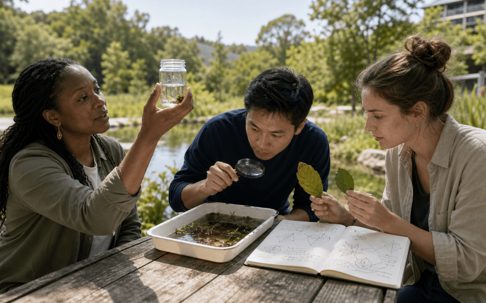 A Black woman teacher holds a pond-water sample while an East Asian man examines the tray with a magnifying lens and a White woman compares leaves beside a notebook of hand-drawn observations