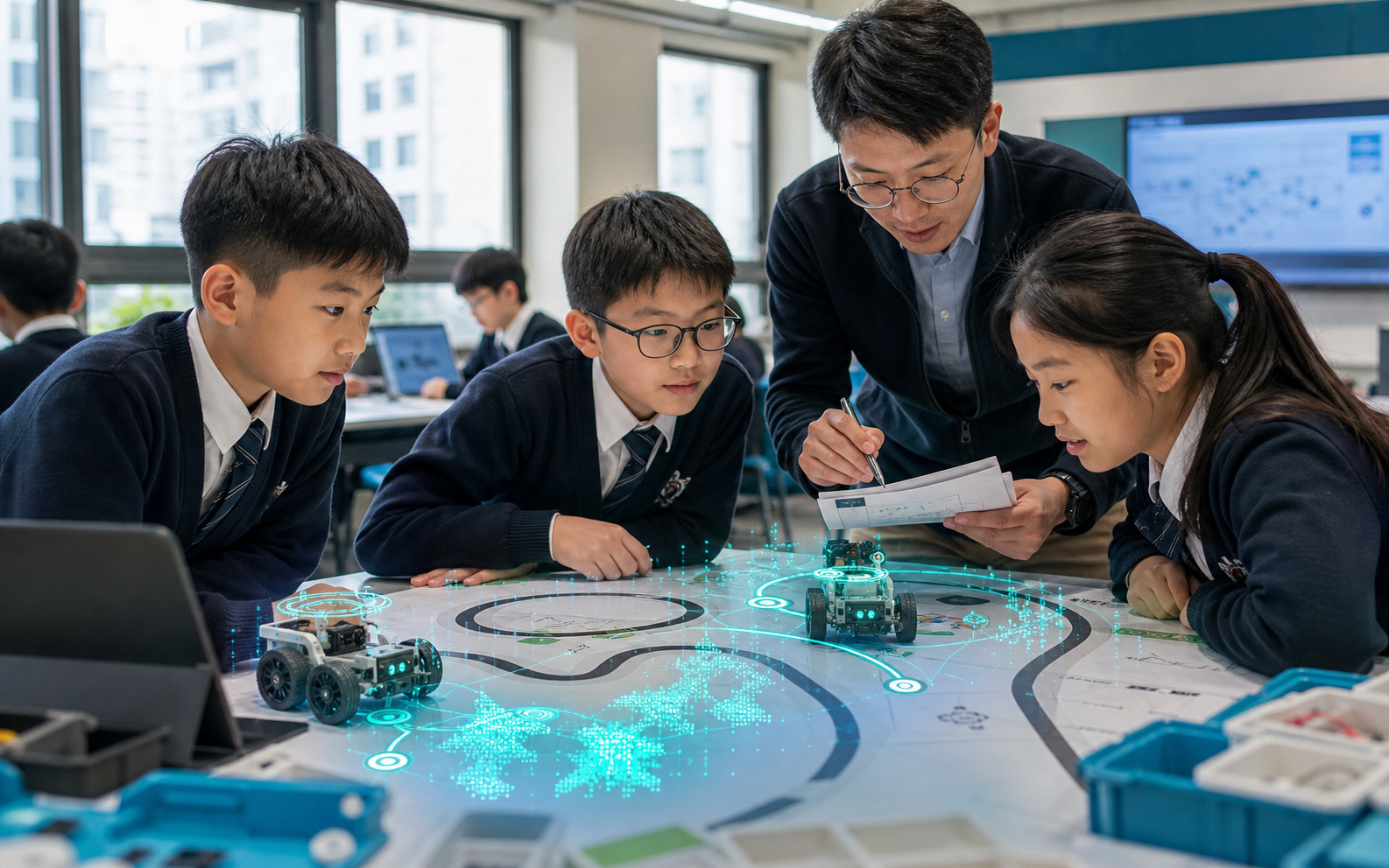 Editorial cover for a Hong Kong primary-school machine learning literacy course using trainable robots