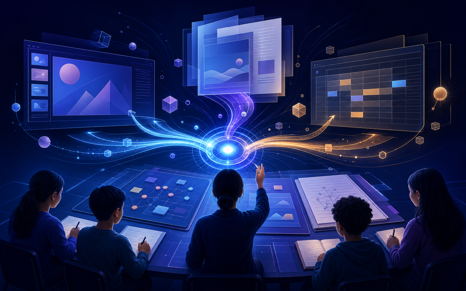 Editorial cover of educators reviewing an AI-assisted presentation, a revised document, and a curriculum activity inside a university learning-design studio