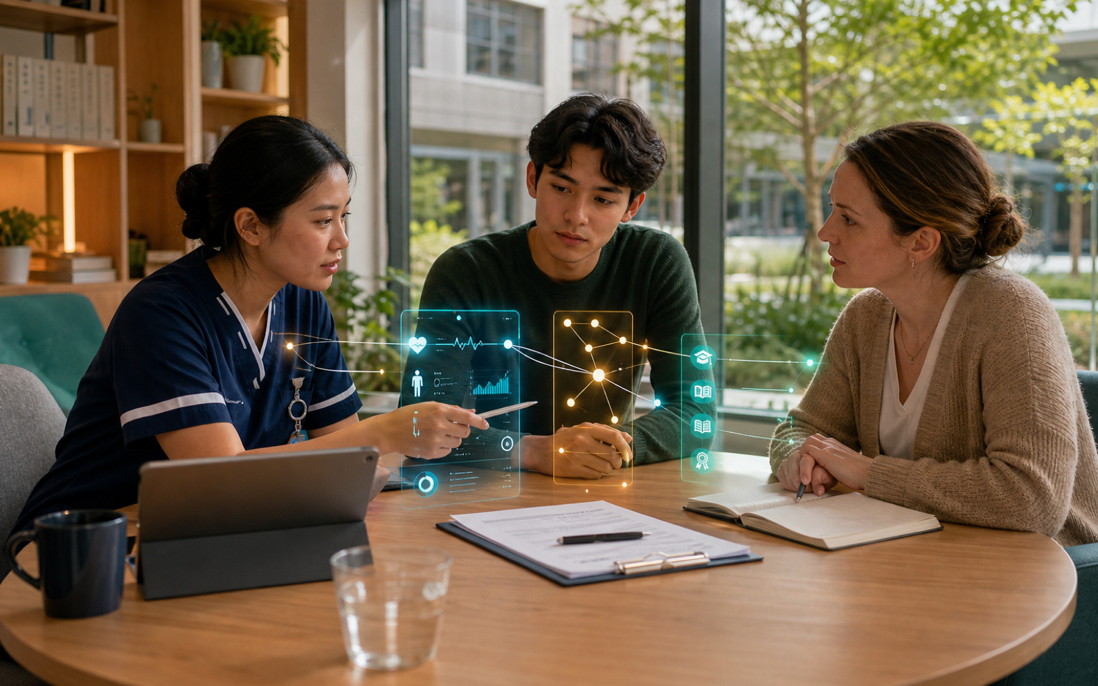 Editorial cover of an adult learner and educator reviewing permissioned health context, AI-use reflection, and learning evidence across three supervised digital workspaces