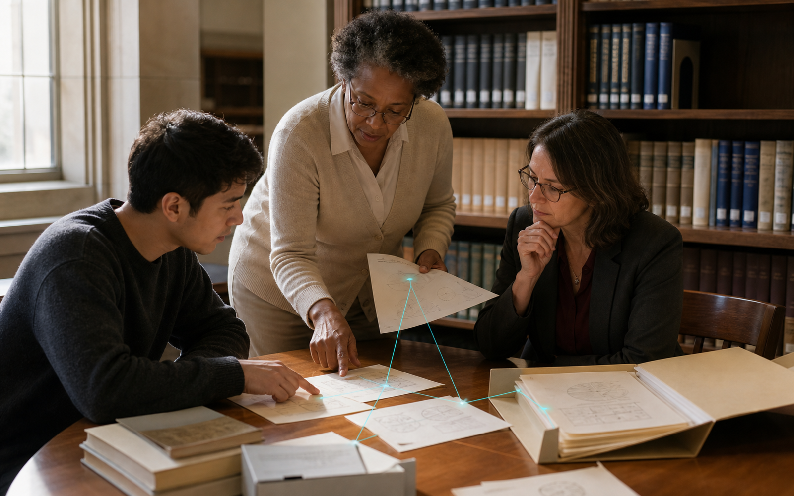 Three adult researchers compare source diagrams at a library archive table as sparse cyan evidence lines converge on an organized folder