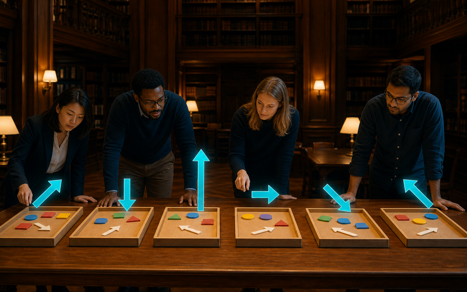 Four diverse researchers compare six separate geometric evidence trays beneath six cyan arrows pointing in different directions