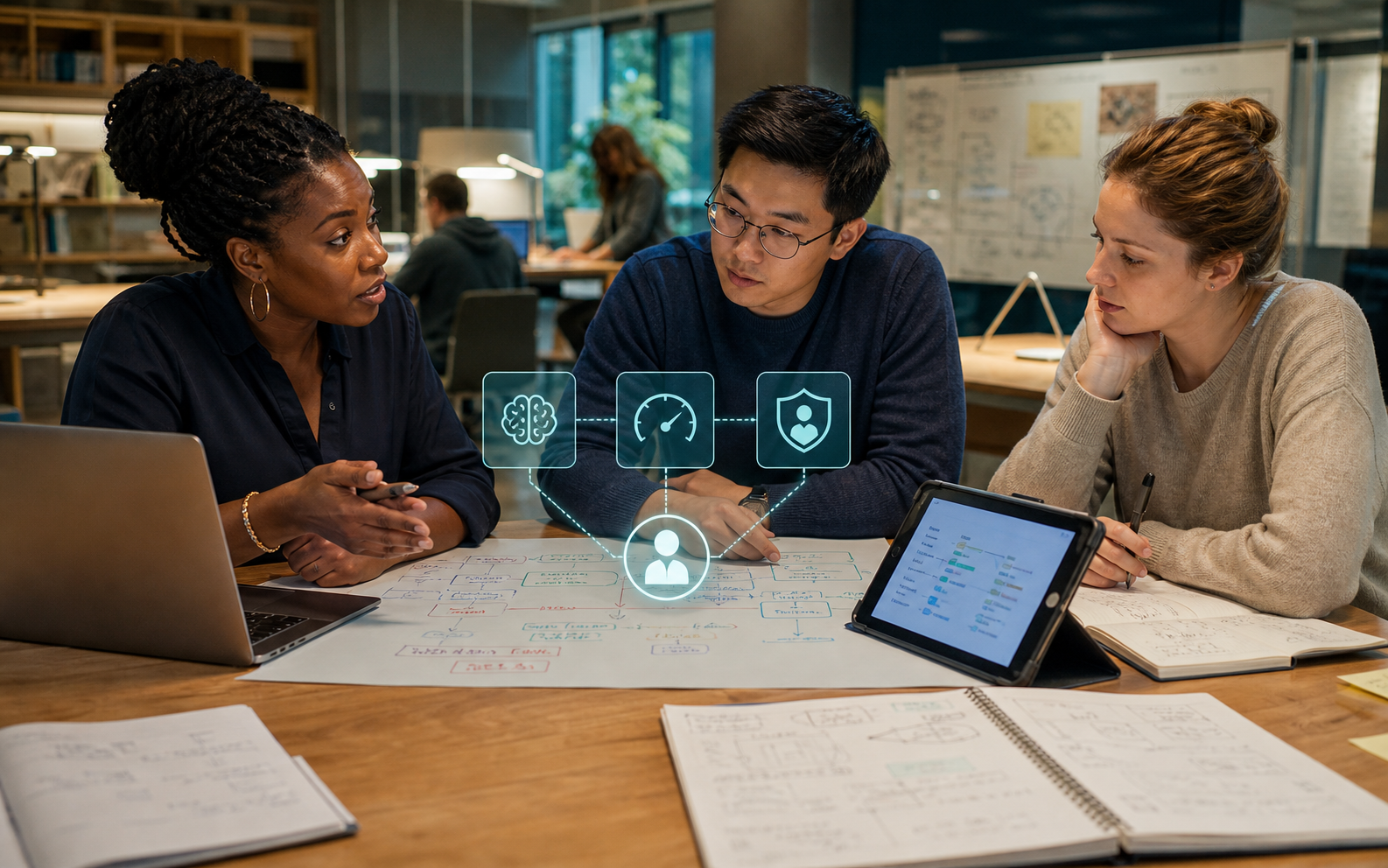 A Black female lecturer, an East Asian male student, and a White female student plan and verify learning work around a shared task-routing board in a university learning-design studio