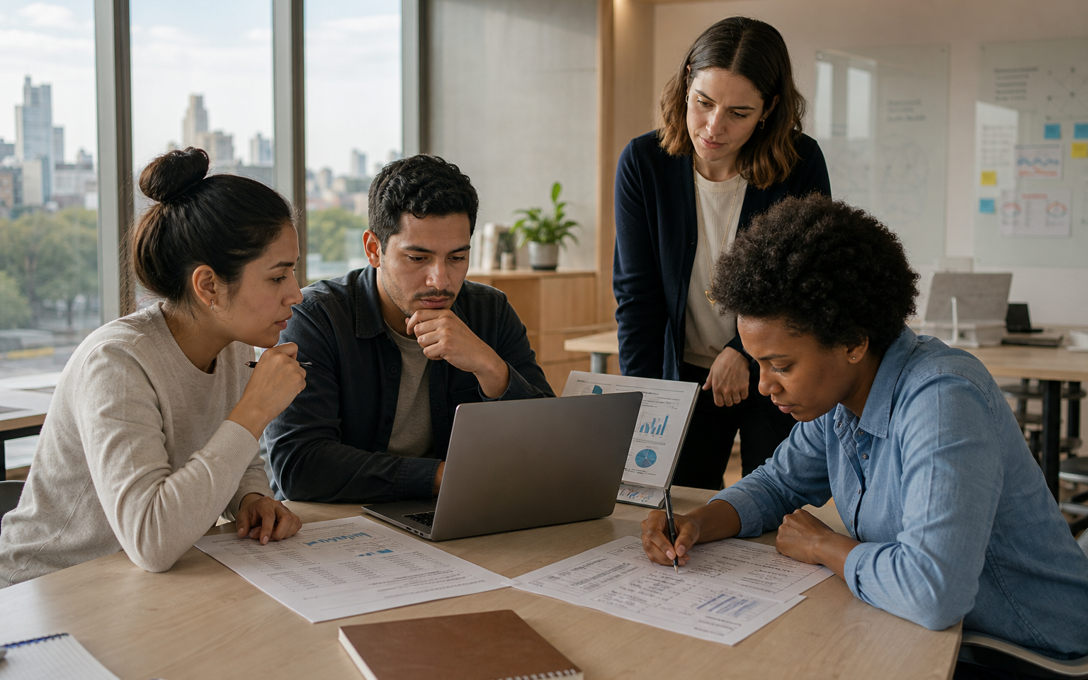 Four diverse adults analyze a business problem with a laptop, charts and an unassisted written follow-up in a workforce-learning laboratory