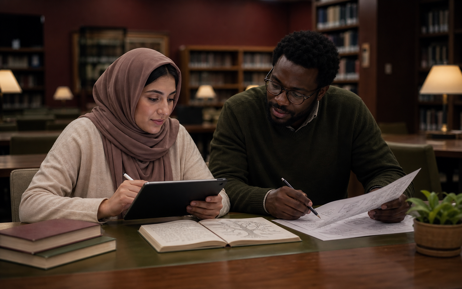 Five diverse K-12 teachers compare AI-supported lesson drafts with curriculum notes and peer feedback during a professional learning session