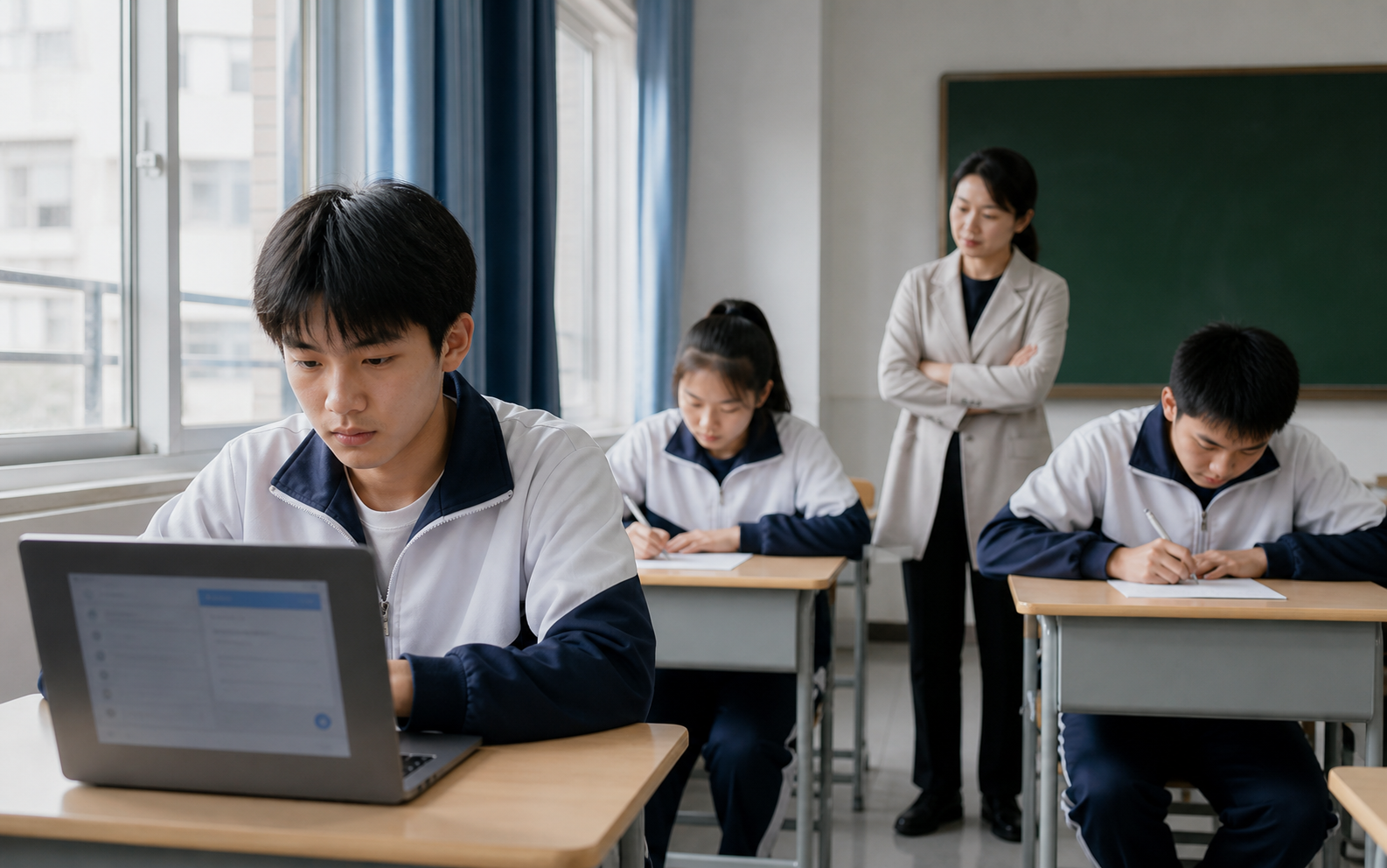 Chinese secondary students complete homework with digital assistance before taking a separate closed-book assessment observed by a teacher