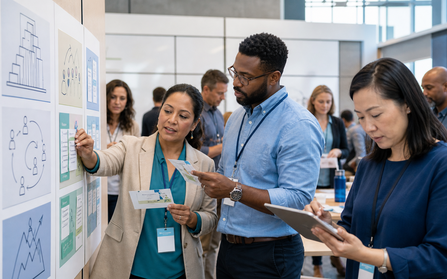 A racially diverse group of teachers reviews AI governance, learning design and student support plans after an education technology conference