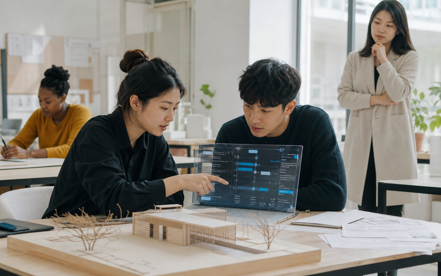 University students discuss transparent and responsible generative-AI use during a collaborative assignment while a teacher facilitates peer reflection