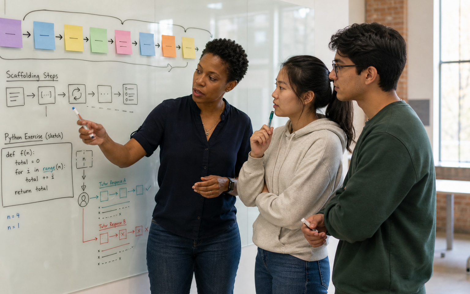 A diverse group of computing students and an instructor compare AI tutoring responses with a prerequisite map and scaffolded Python exercises