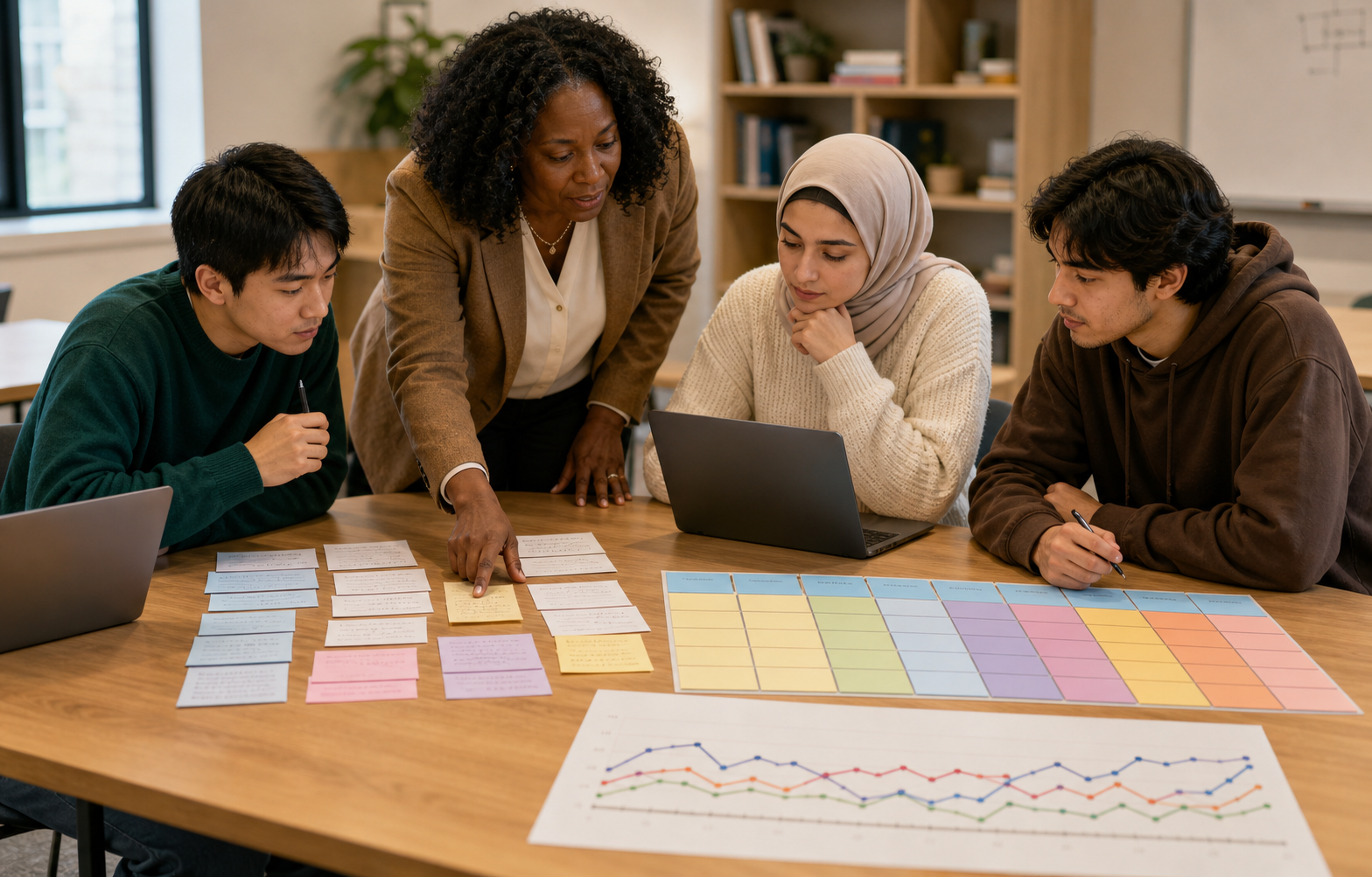 A diverse group of university students and a lecturer examine clustered dialogue cards, a ten-trait matrix and an exam-progress chart in a bright learning analytics studio