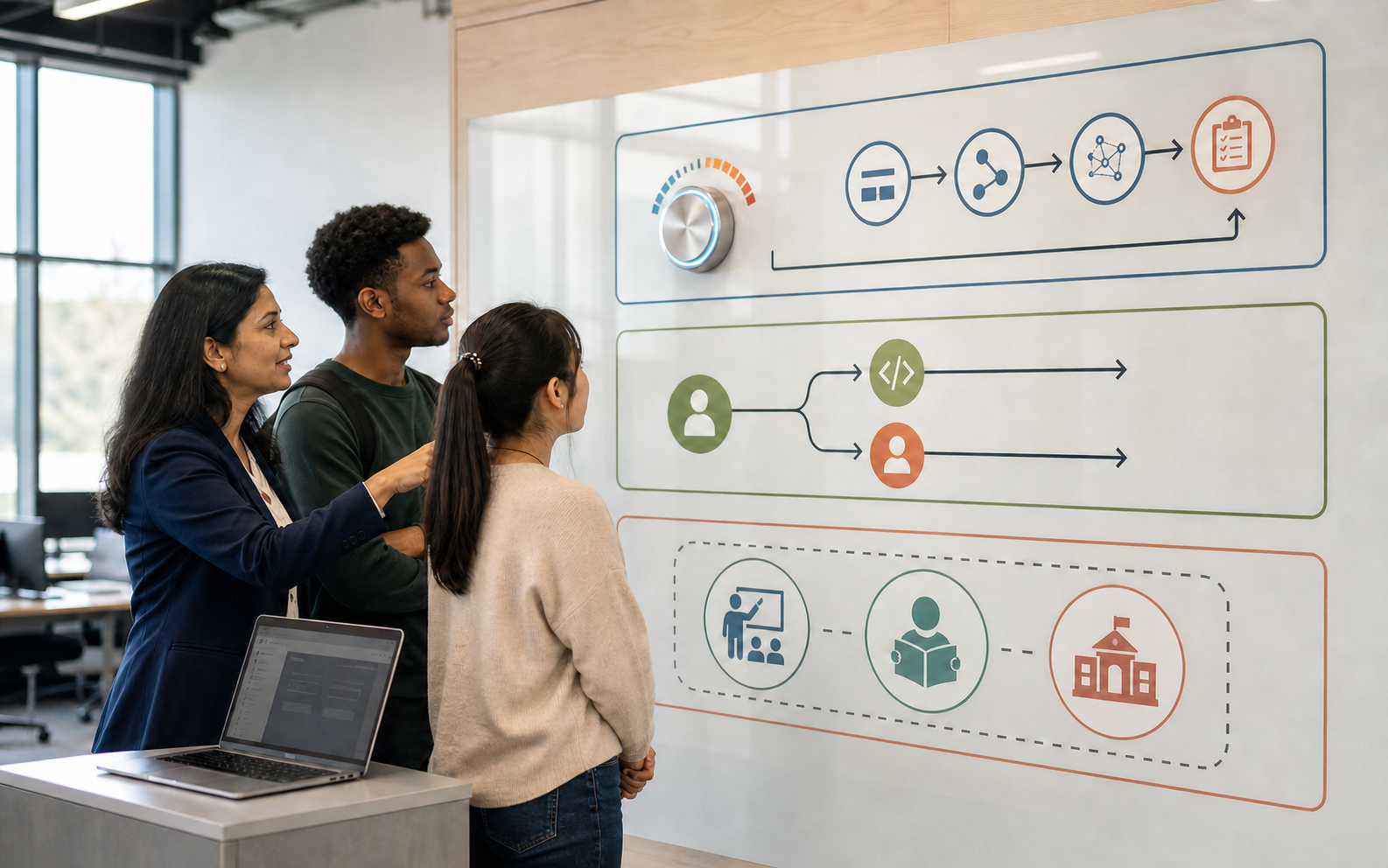 A lecturer and two university students review three transparent workflow lanes for reasoning effort, an AI advisor and institution-managed learning in a bright computer lab